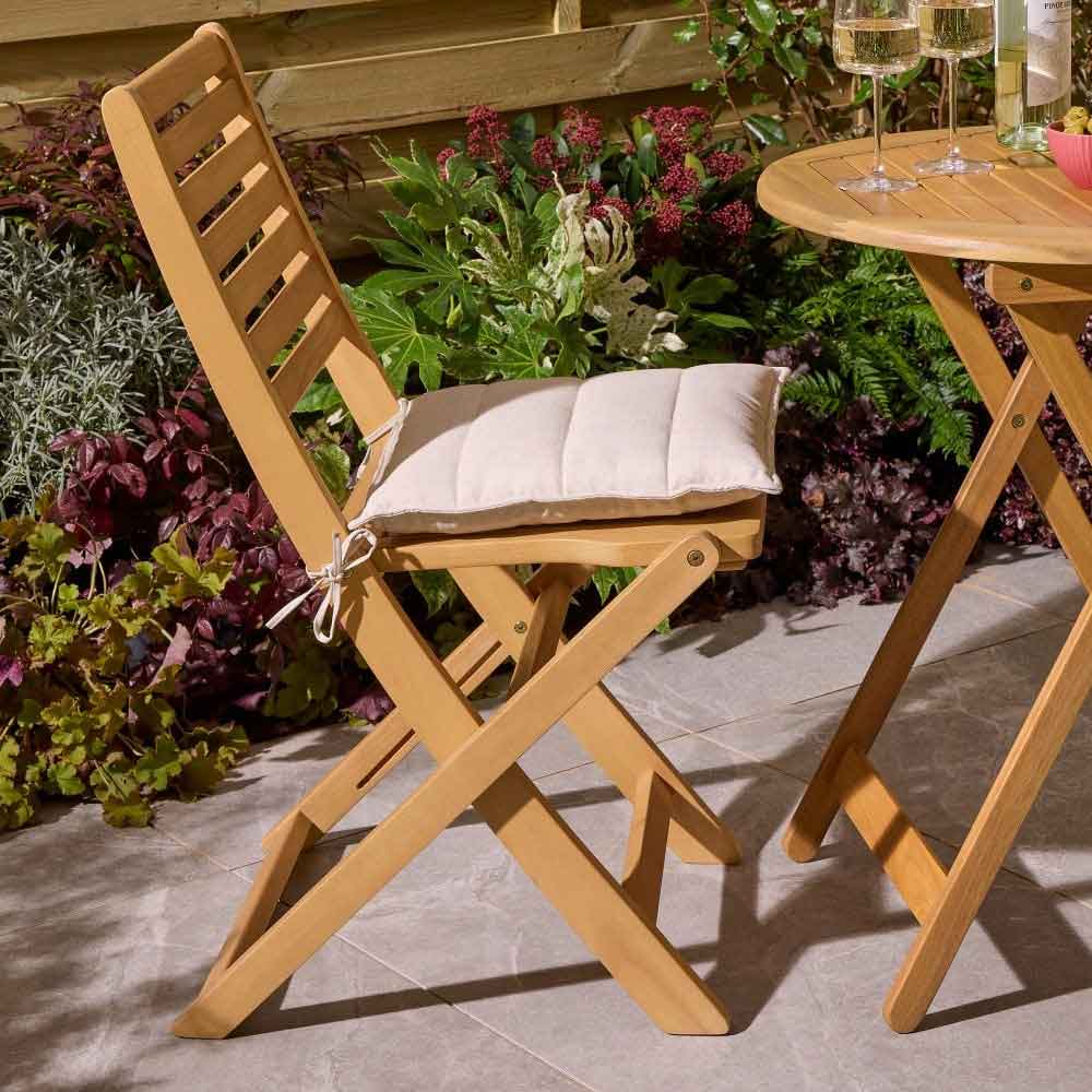 Serenity Wooden Bistro Table With 2 Chairs and Cushions in Natural