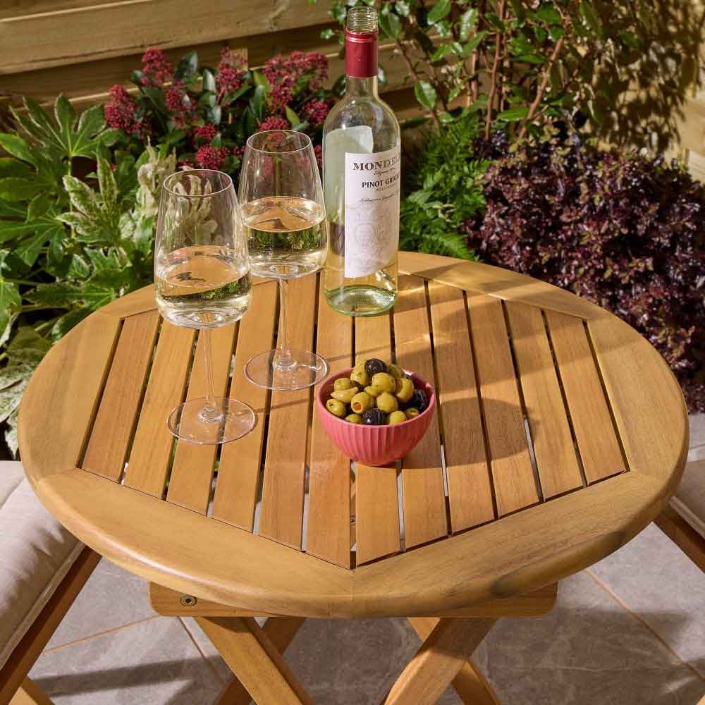 Serenity Wooden Bistro Table With 2 Chairs and Cushions in Natural