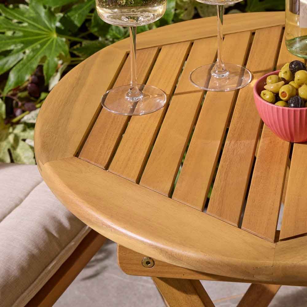 Serenity Wooden Bistro Table With 2 Chairs and Cushions in Natural