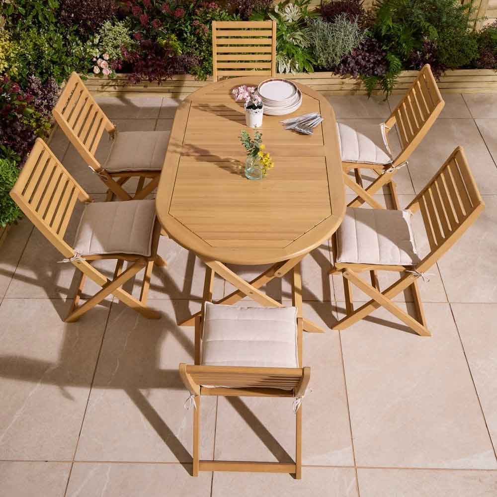 Serenity Wooden Oval Dining Table with 6 Chairs and Cushions in Natural