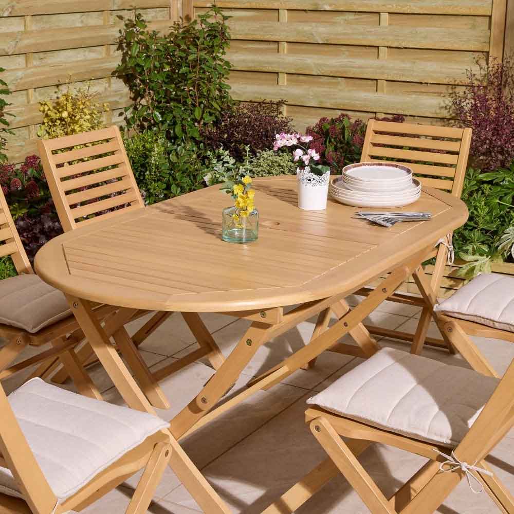 Serenity Wooden Oval Dining Table with 6 Chairs and Cushions in Natural