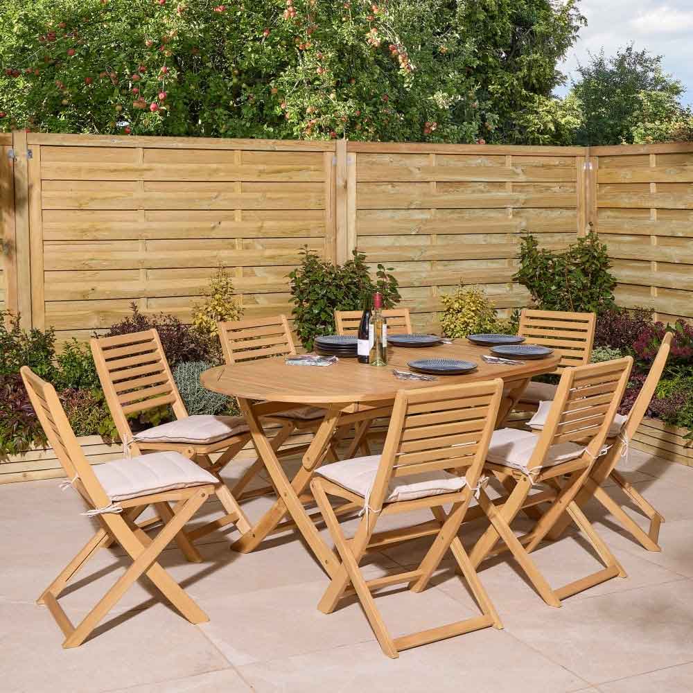 Serenity Wooden Oval Dining Table with 8 Chairs and Cushions in Natural