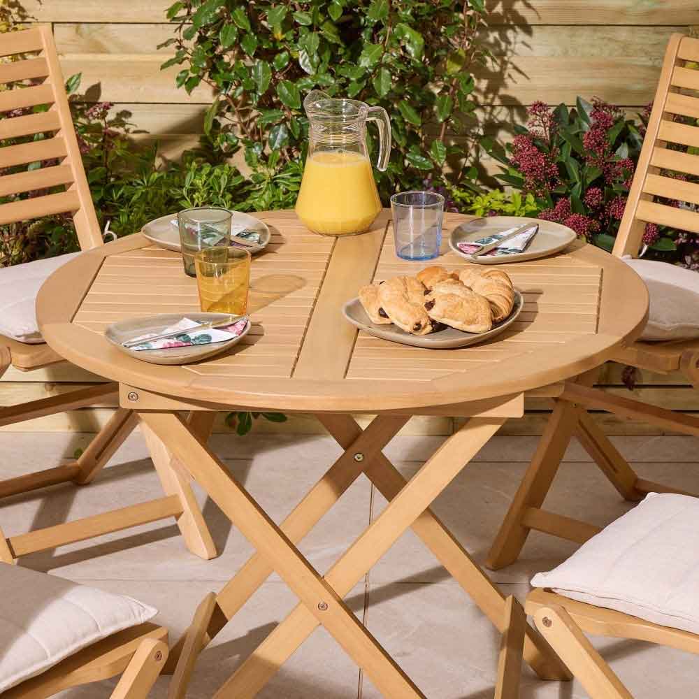 Serenity Wooden Round Dining Table with 4 Chairs and Cushions in Natural