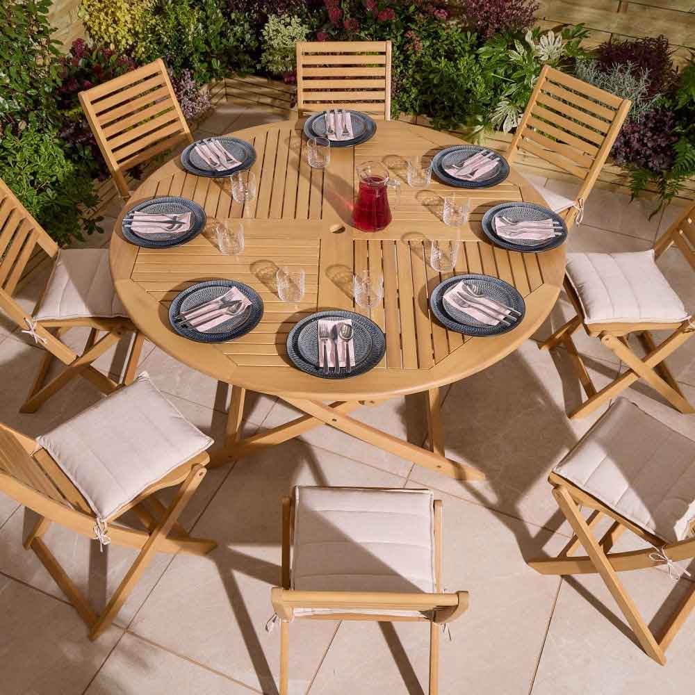 Serenity Wooden Round Dining Table with 8 Chairs and Cushions in Natural