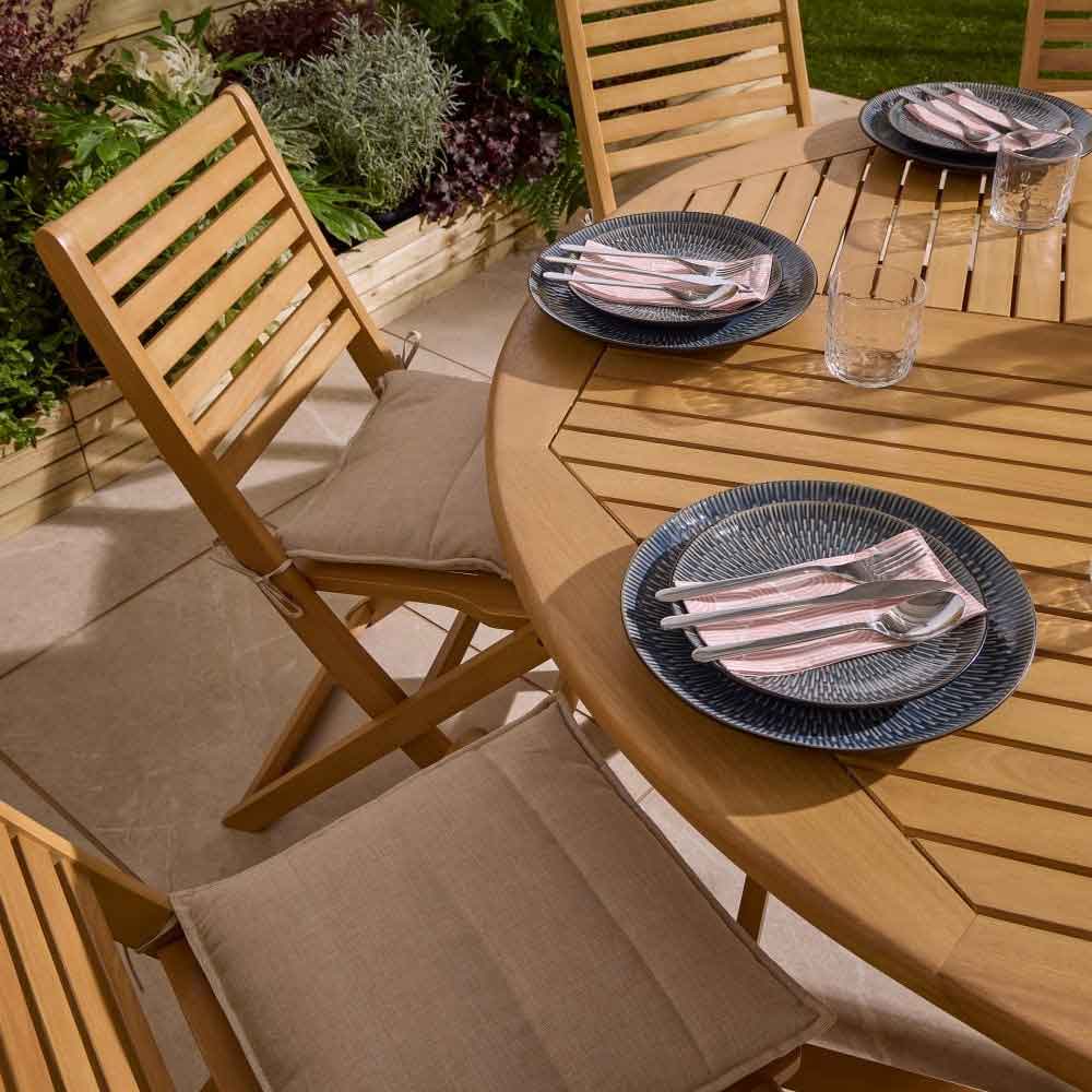 Serenity Wooden Round Dining Table with 8 Chairs and Cushions in Natural