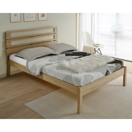 Read more about Sete wooden king size bed in light oak and rattan effect
