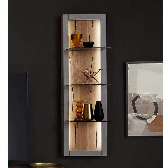 Setif Wooden 3 Tier Wall Shelf In Arctic Grey With LED
