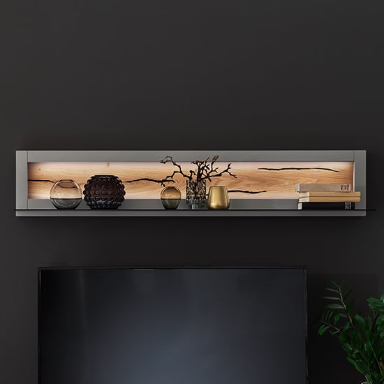 Setif Wooden Wall Shelf In Arctic Grey With LED