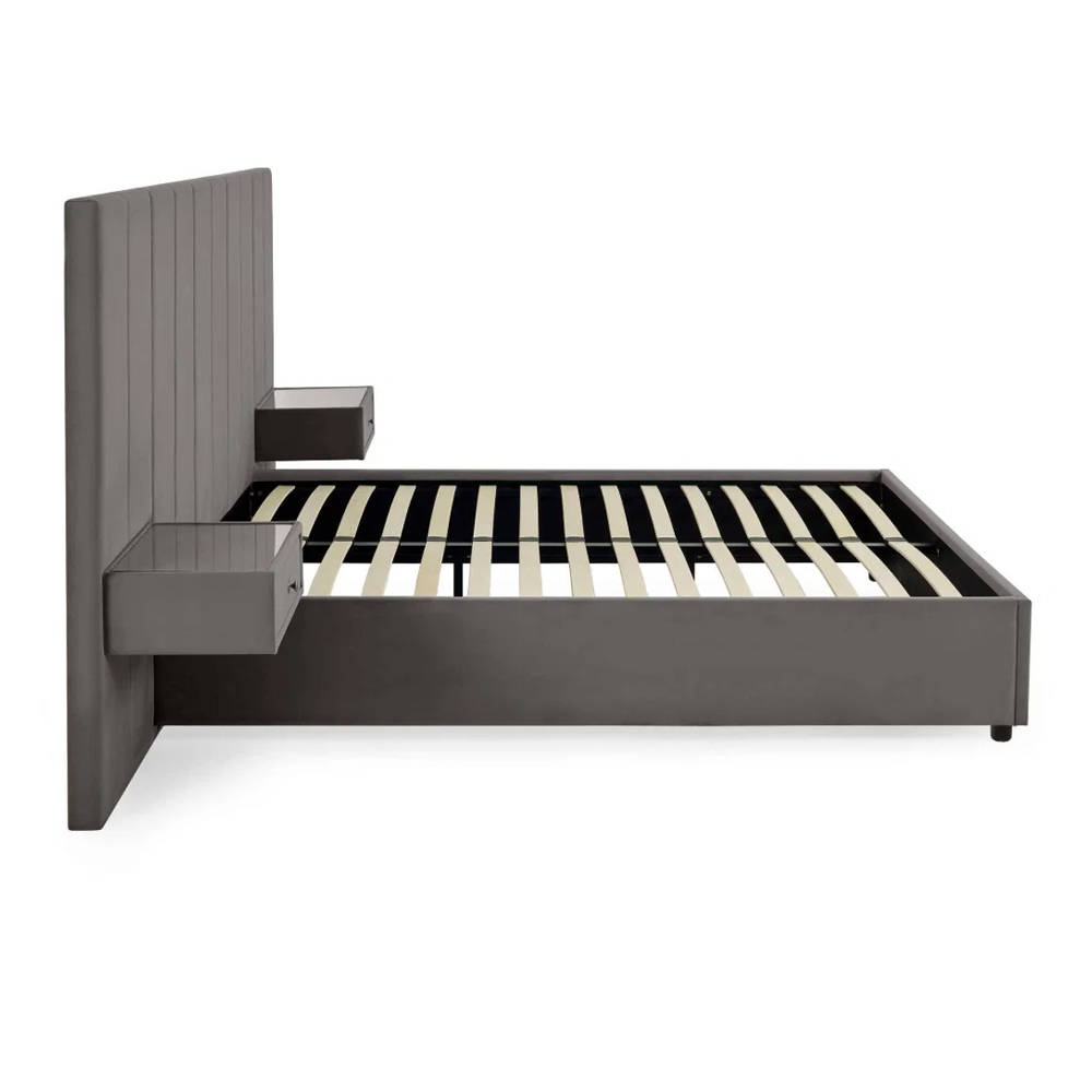 Sevalon Velvet King Size Bed with Built-In Side Tables in Grey