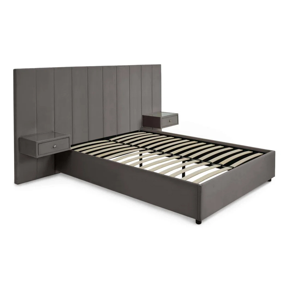 Sevalon Velvet Super King Size Bed with Built-In Side Tables in Grey