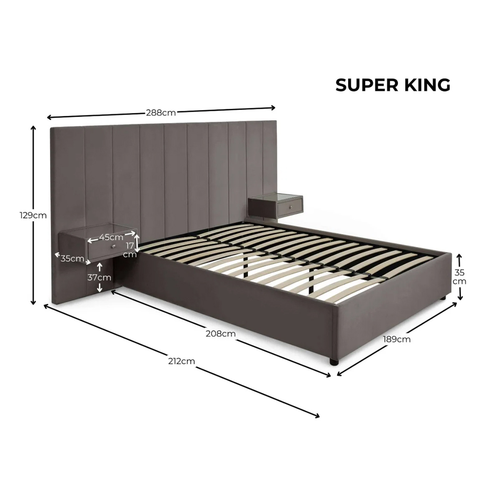 Sevalon Velvet Super King Size Bed with Built-In Side Tables in Grey