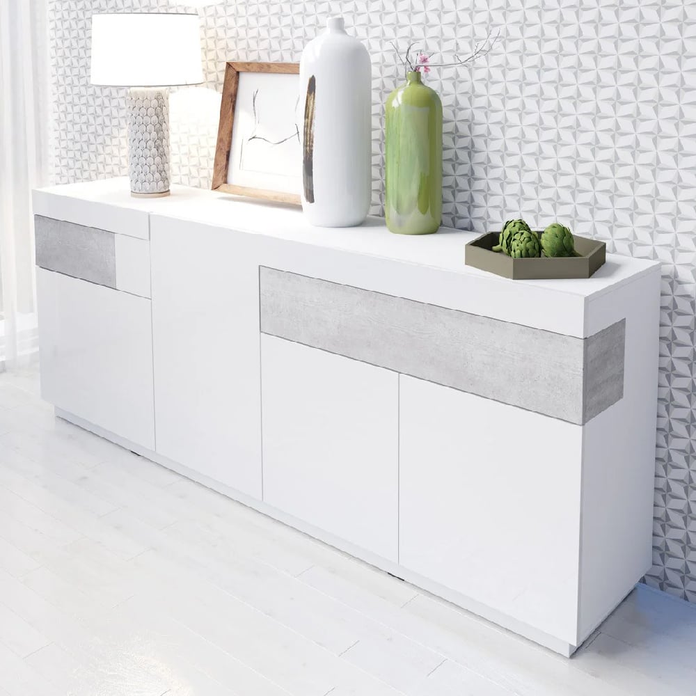 Read more about Sevilla high gloss sideboard with 3 doors in white concrete grey