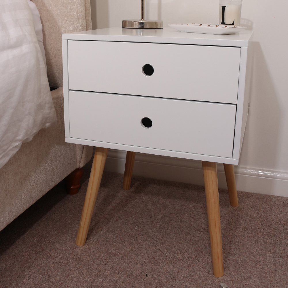 Read more about Sevilla wooden bedside cabinet with oak legs in white