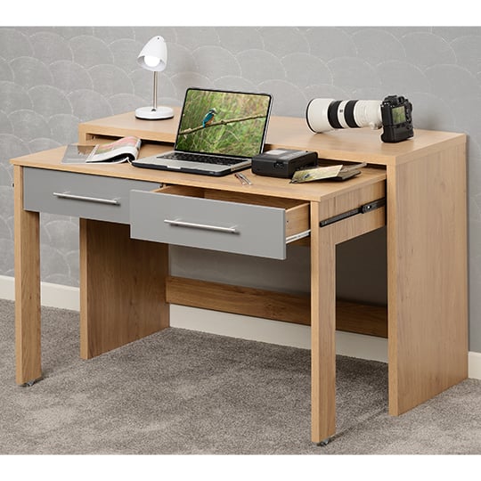 Samaira Slider Desk In Grey Gloss With 2 Drawers