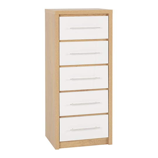 Photo of Samaira wooden narrow chest of drawers in white high gloss