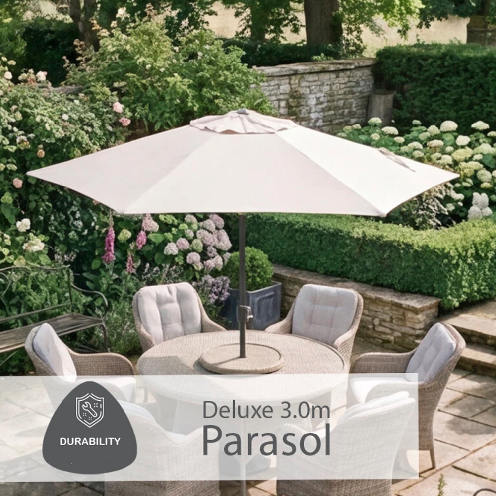 Sewanee Garden Ceramic Glass Top Dining Set with Deluxe 3.0m Parasol in Sand