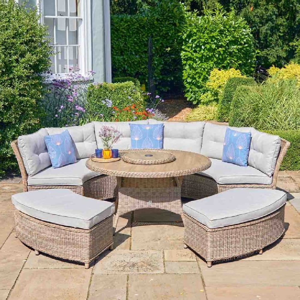 Sewanee Rattan Garden Curved Dining Set With Footstool In Sand