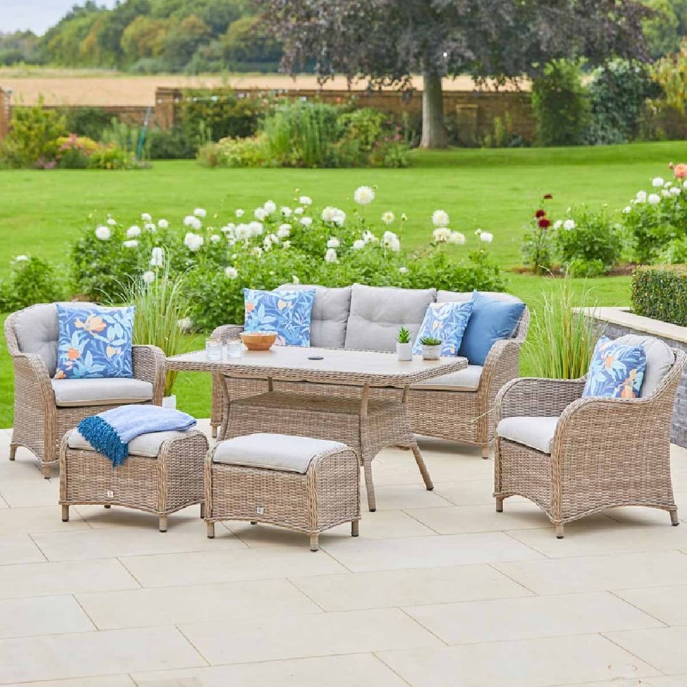 Sewanee Rattan Garden Lounge Dining Set In Sand