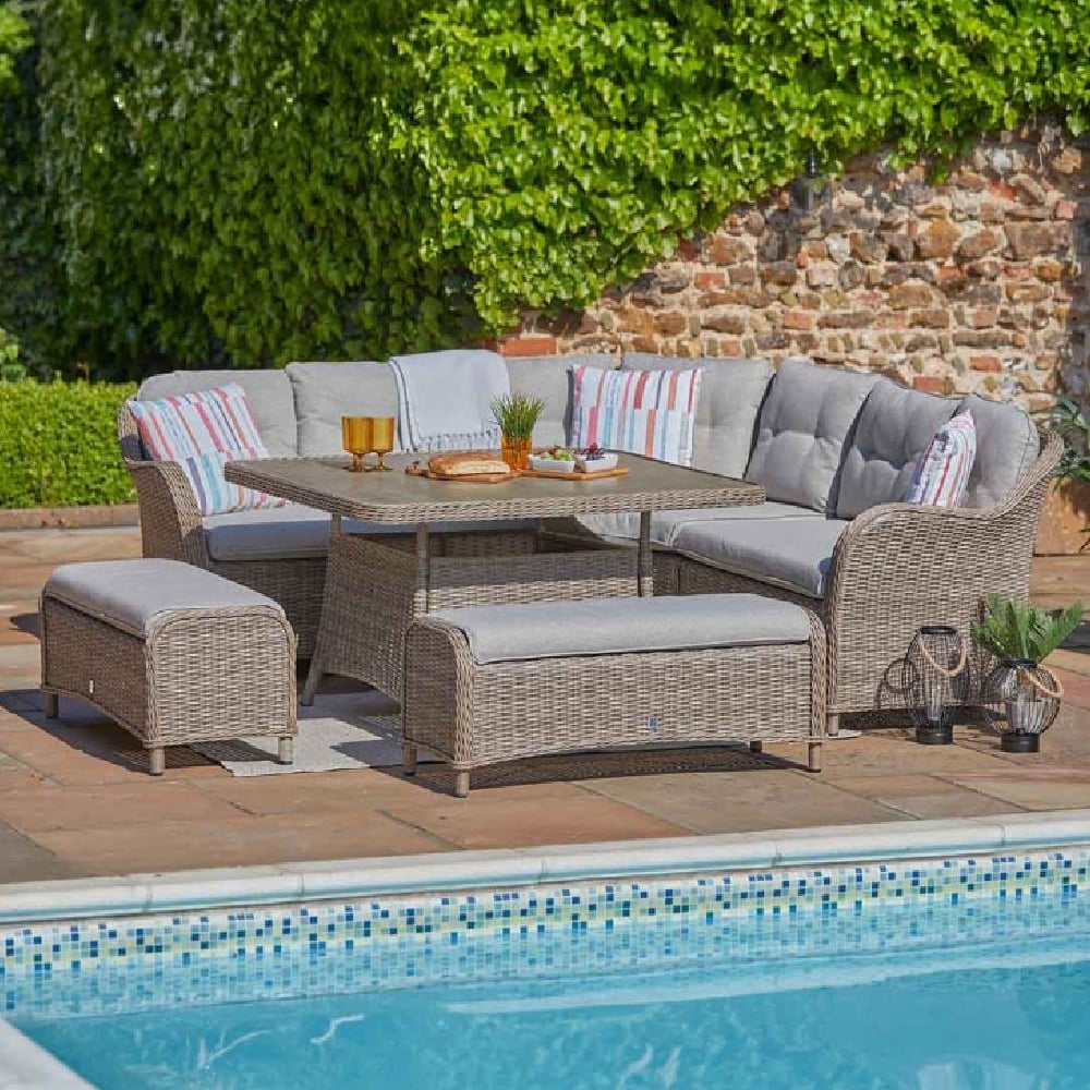 Sewanee Rattan Garden Square Dining Set With Footstool In Sand