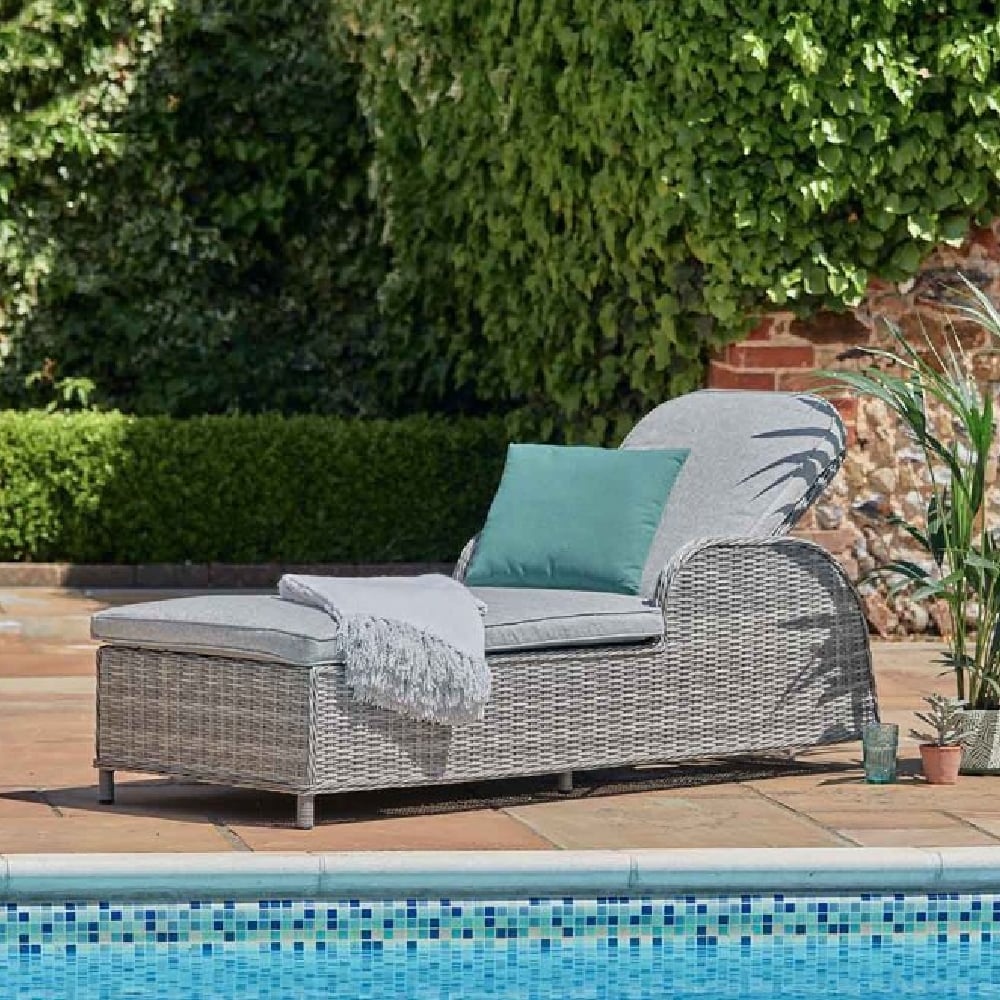 Sewanee Rattan Garden Sun Lounger With Cushion In Stone