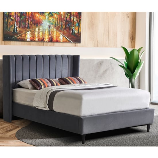 Sewell Soft Velvet Fabric Double Bed In Grey