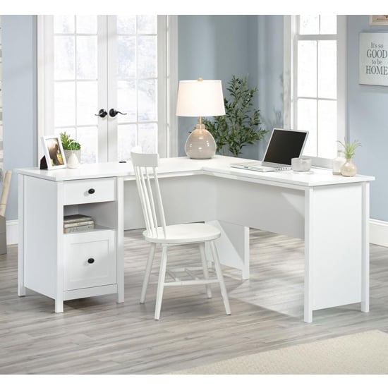 Photo of Shaker style home wooden l-shaped computer desk in soft white