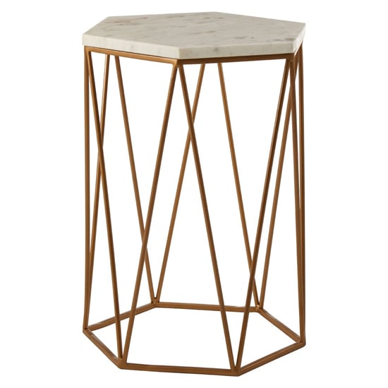 Read more about Shalom hexagonal white marble top side table with gold line base