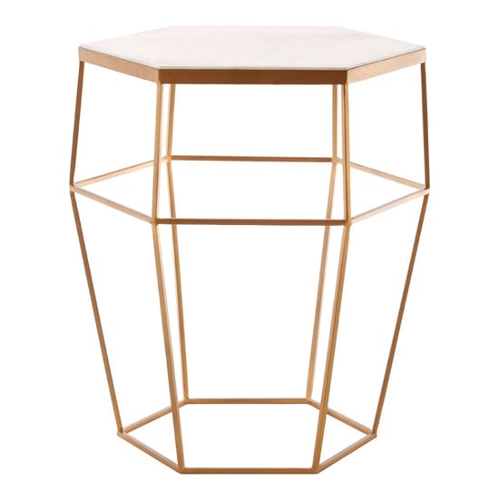 Shalom Hexagonal White Marble Top Side Table With Gold Base