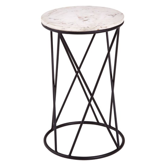 Product photograph of Shalom Round White Marble Top Side Table With Black Cross Frame from Furniture in Fashion