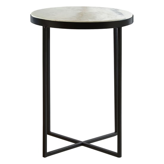 Shalom Round White Marble Top Side Table With Black Cross Legs_2