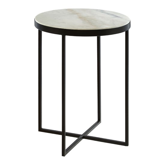 Shalom Round White Marble Top Side Table With Black Cross Legs
