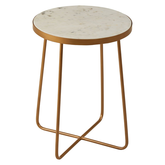 Shalom Round White Marble Top Side Table With Gold Cross Base