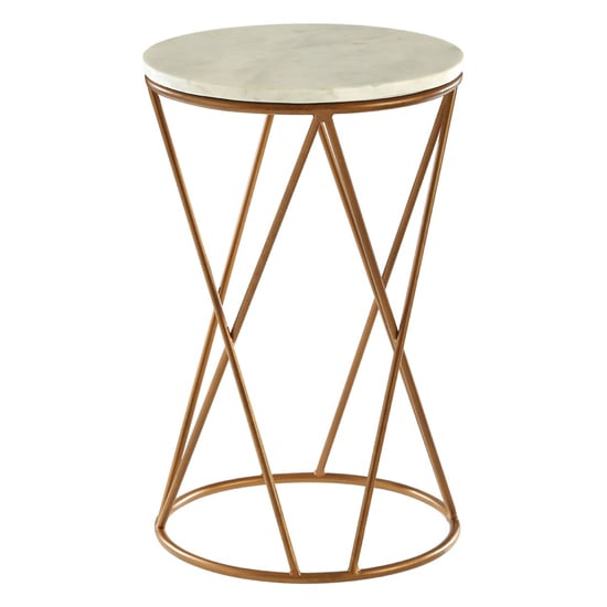 Shalom Round White Marble Top Side Table With Gold Cross Frame