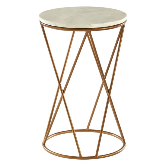 Photo of Shalom round white marble top side table with gold cross frame