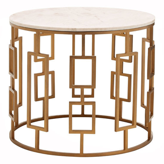 Shalom Round White Marble Top Side Table With Gold Frame_2