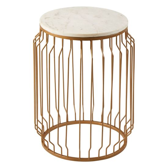 Shalom Round White Marble Top Side Table With Gold Wired Frame