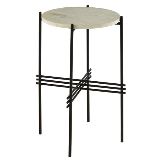 Shalom Round White Marble Top Side Table With Black Triple Base