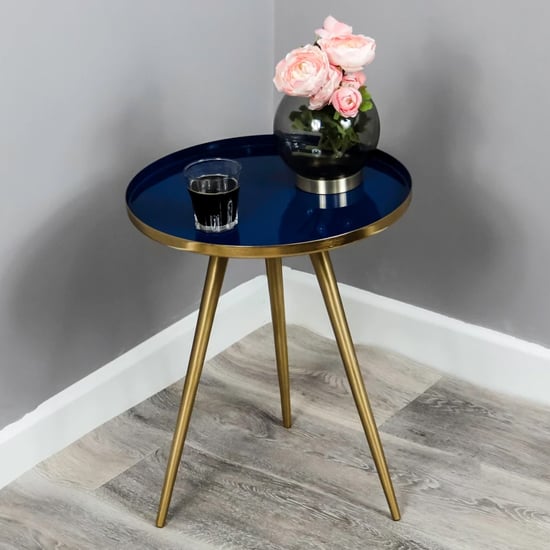Sharon Blue Enamel Top Side Table With Gold Frame_1