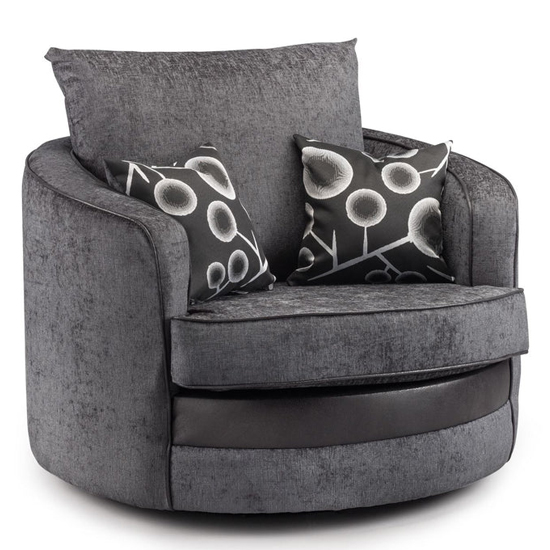 Sharon Fabric Swivel Armchair In Black And Grey