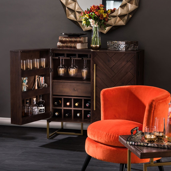Shaula Wooden Drinks Cabinet With Antique Brass Legs In Brown