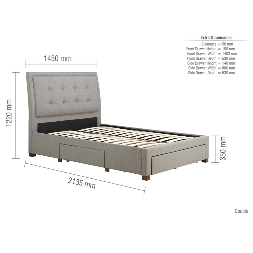 Shelbi Fabric Double Bed With 3 Drawers In Grey