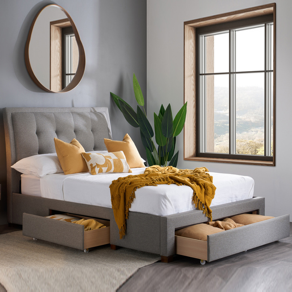 Shelbi Fabric King Size Bed With 3 Drawers In Grey