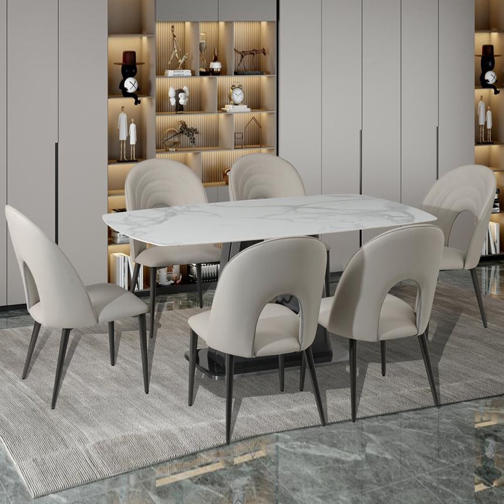 Shelby Sintered Stone Dining Table With 6 Grey Chairs In Binli White