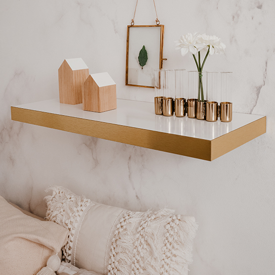 Shelvy Medium Wooden Wall Shelf In White High Gloss And Gold_1