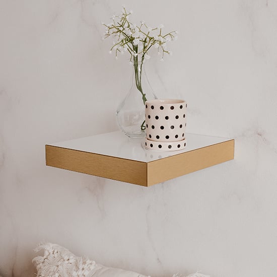 Shelvy Small Wooden Wall Shelf In White High Gloss And Gold