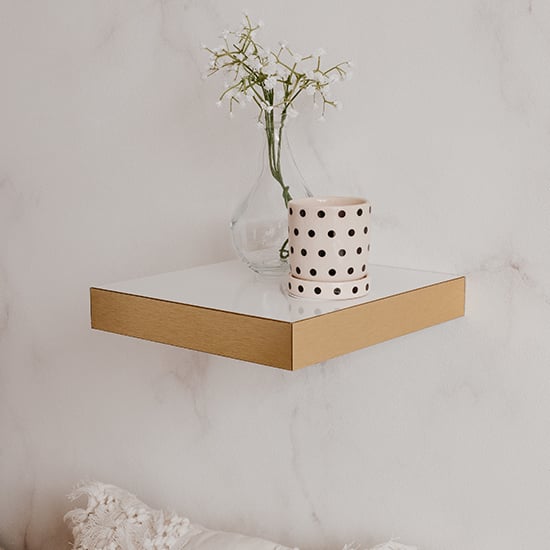 Read more about Shelvy small wooden wall shelf in white high gloss and gold