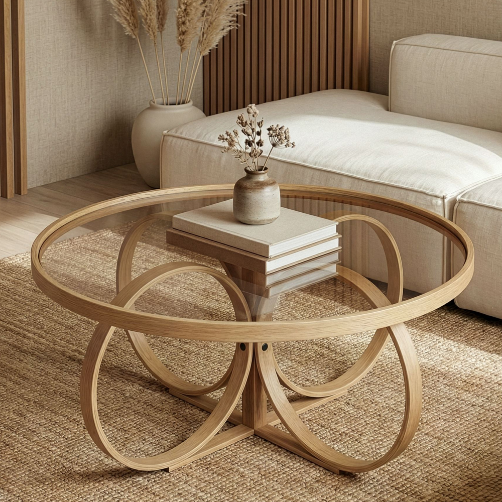 Shimane Round Tempered Glass Top Coffee Table in Oak