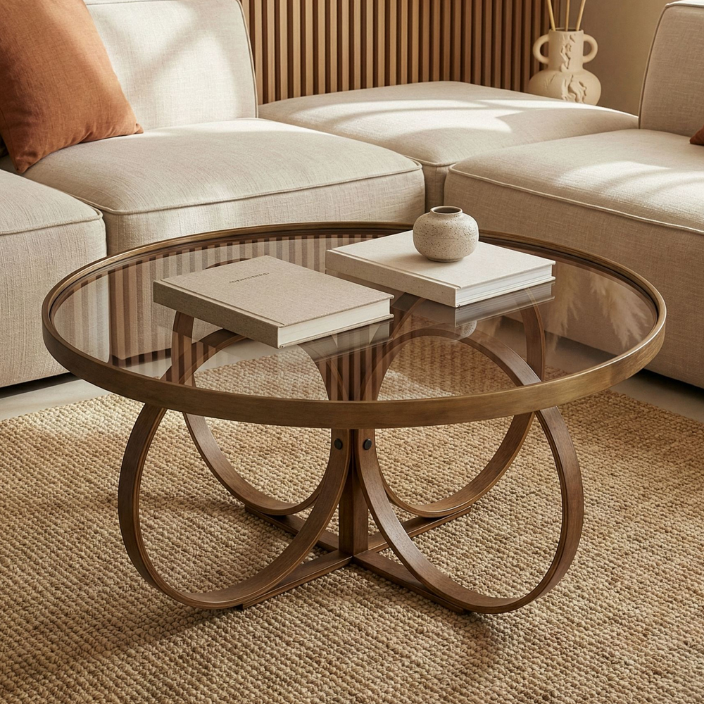 Shimane Round Tempered Glass Top Coffee Table in Walnut