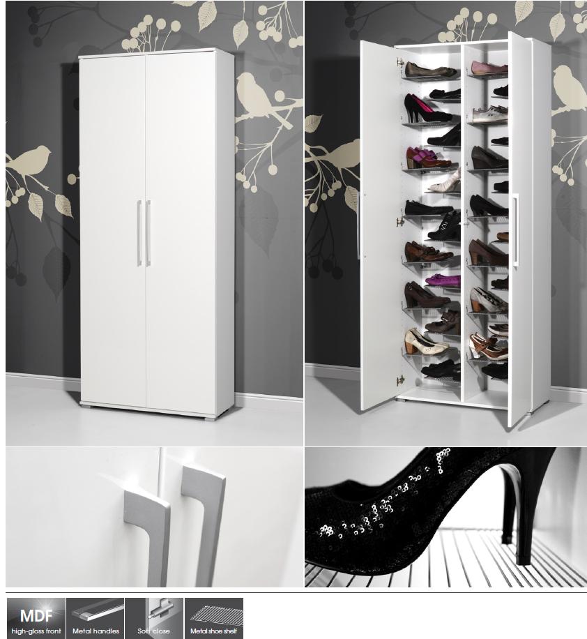 Inside Double Shoe Storage Cabinet With White Gloss Doors