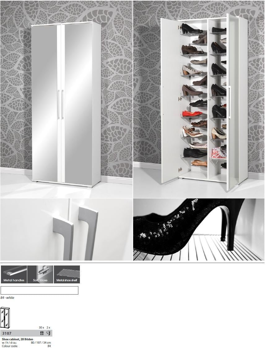 Carlucci Mirror Shoe Storage Cabinet in White Wood Finish
